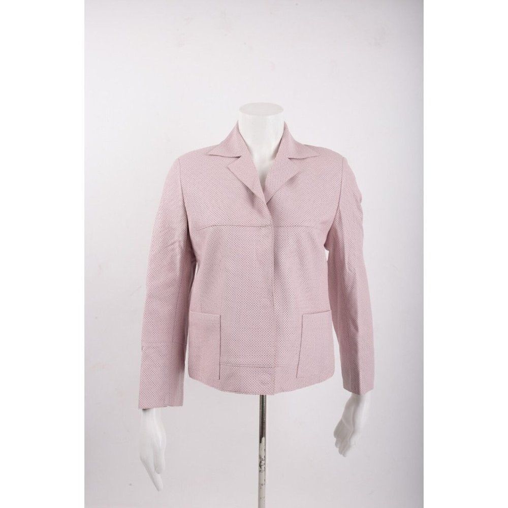 AKRIS Punto Womans Perforated Pin Dot Leather Jacket Size S Soft Pink Collared